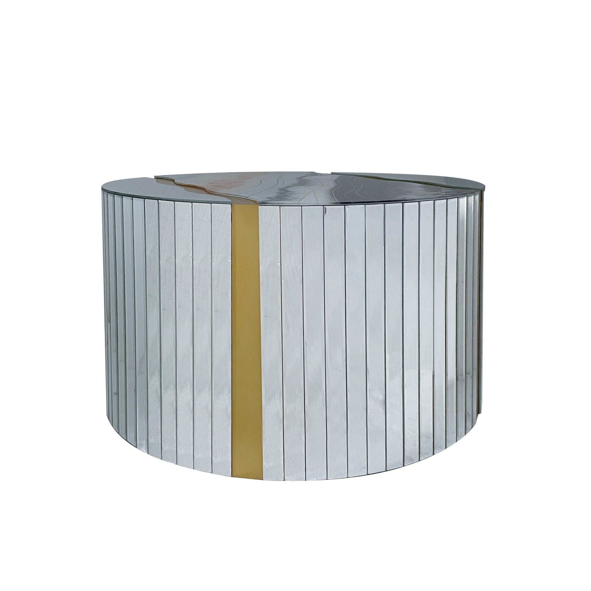 White Marble pattern sticker Round Coffee Table Cylindrical Silver Mirror with Gold Dust Finish Modern Home Decor Compact Center Table
