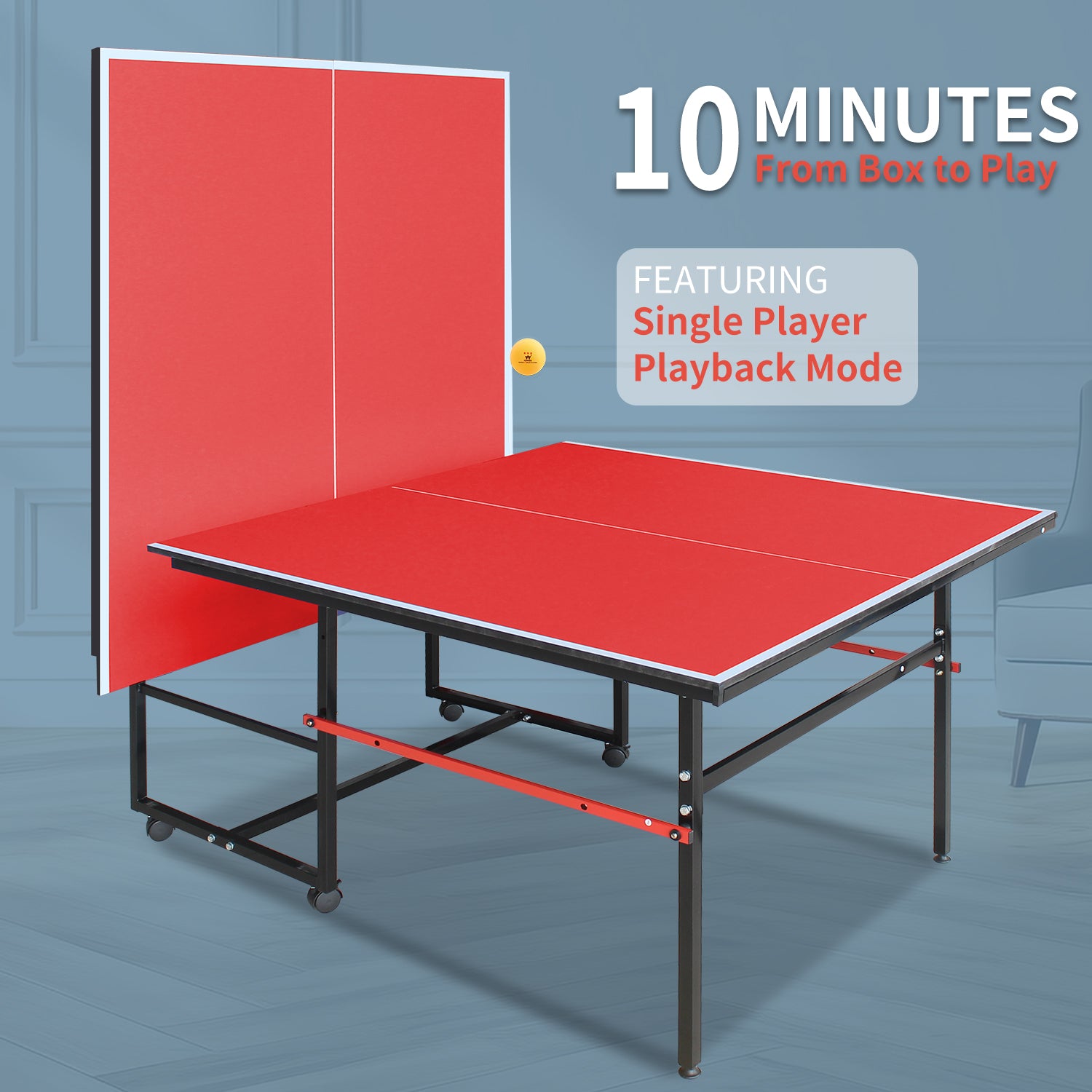 8ft Red Mid-Size Table Tennis Table Foldable & Portable Ping Pong Table Set for Indoor Games with Net, 2 Table Tennis Paddles and 3 Balls