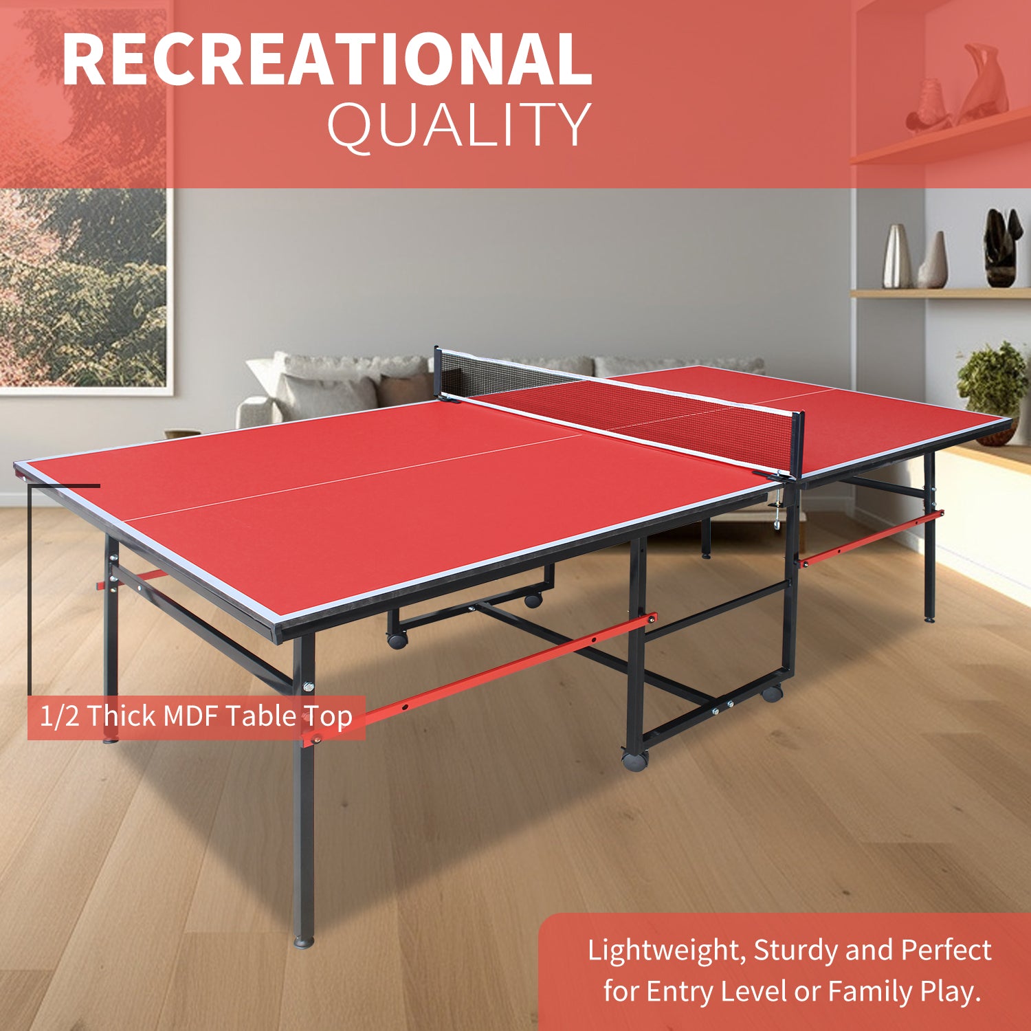 8ft Red Mid-Size Table Tennis Table Foldable & Portable Ping Pong Table Set for Indoor Games with Net, 2 Table Tennis Paddles and 3 Balls