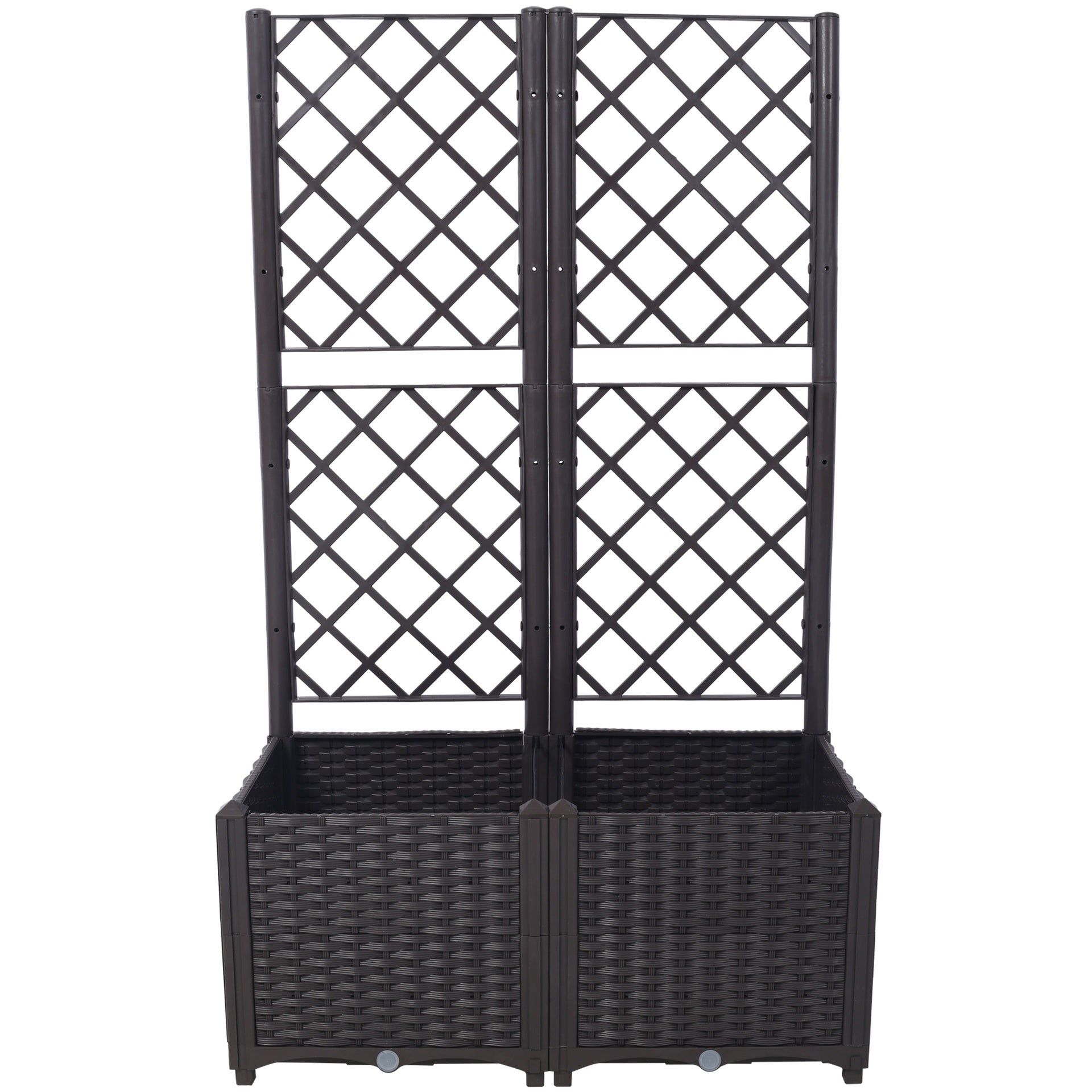 Poly Rattan Brown Trellis Raised Bed  with Drainage Plug - 2 Removable Pots with Large Flower Boxes - Built-in Support for Climbing Plants - Outdoor Patio Garden Decoration