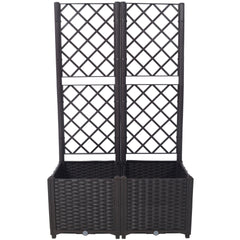 Poly Rattan Brown Trellis Raised Bed  with Drainage Plug - 2 Removable Pots with Large Flower Boxes - Built-in Support for Climbing Plants - Outdoor Patio Garden Decoration
