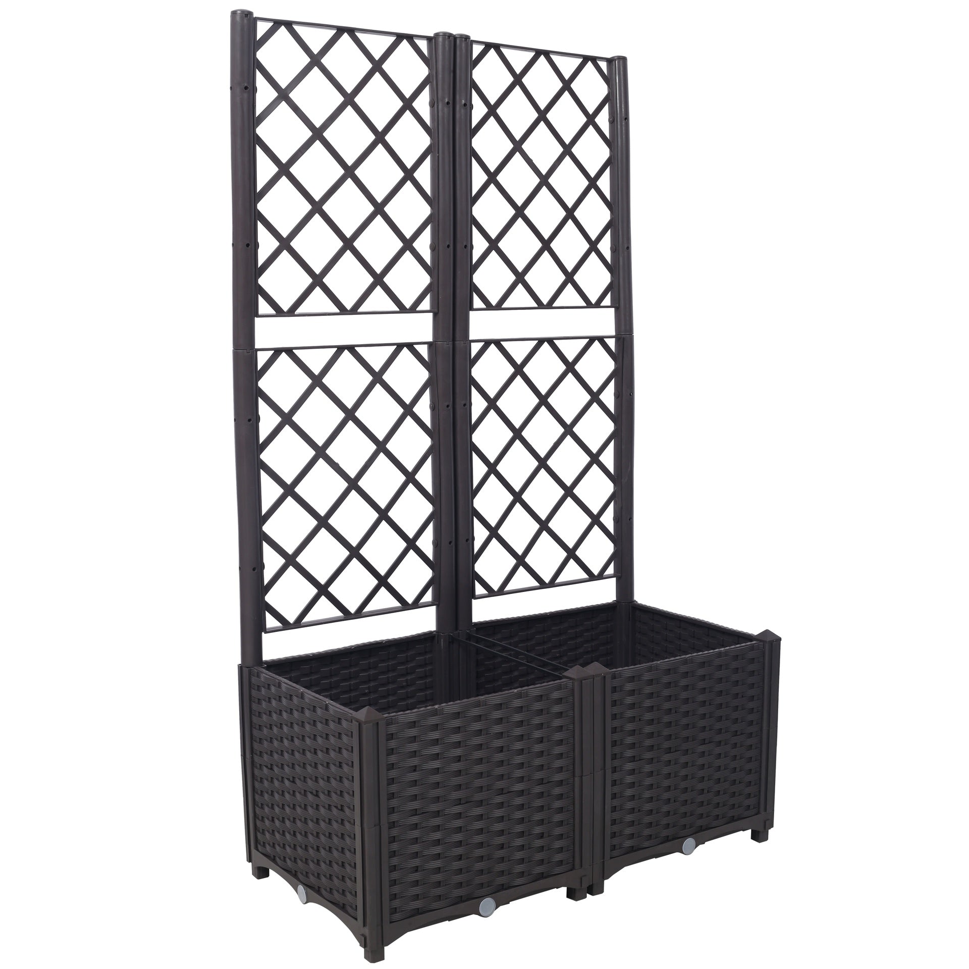 Poly Rattan Brown Trellis Raised Bed  with Drainage Plug - 2 Removable Pots with Large Flower Boxes - Built-in Support for Climbing Plants - Outdoor Patio Garden Decoration