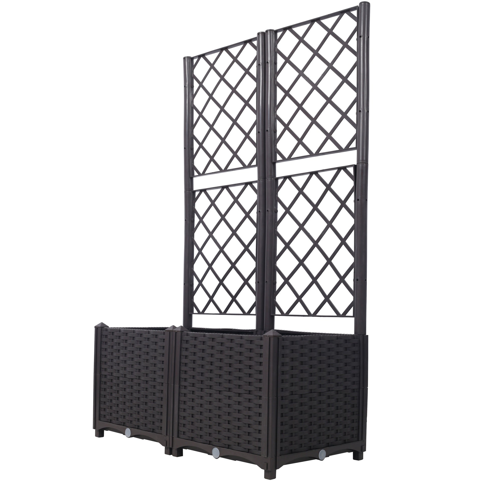 Poly Rattan Brown Trellis Raised Bed  with Drainage Plug - 2 Removable Pots with Large Flower Boxes - Built-in Support for Climbing Plants - Outdoor Patio Garden Decoration
