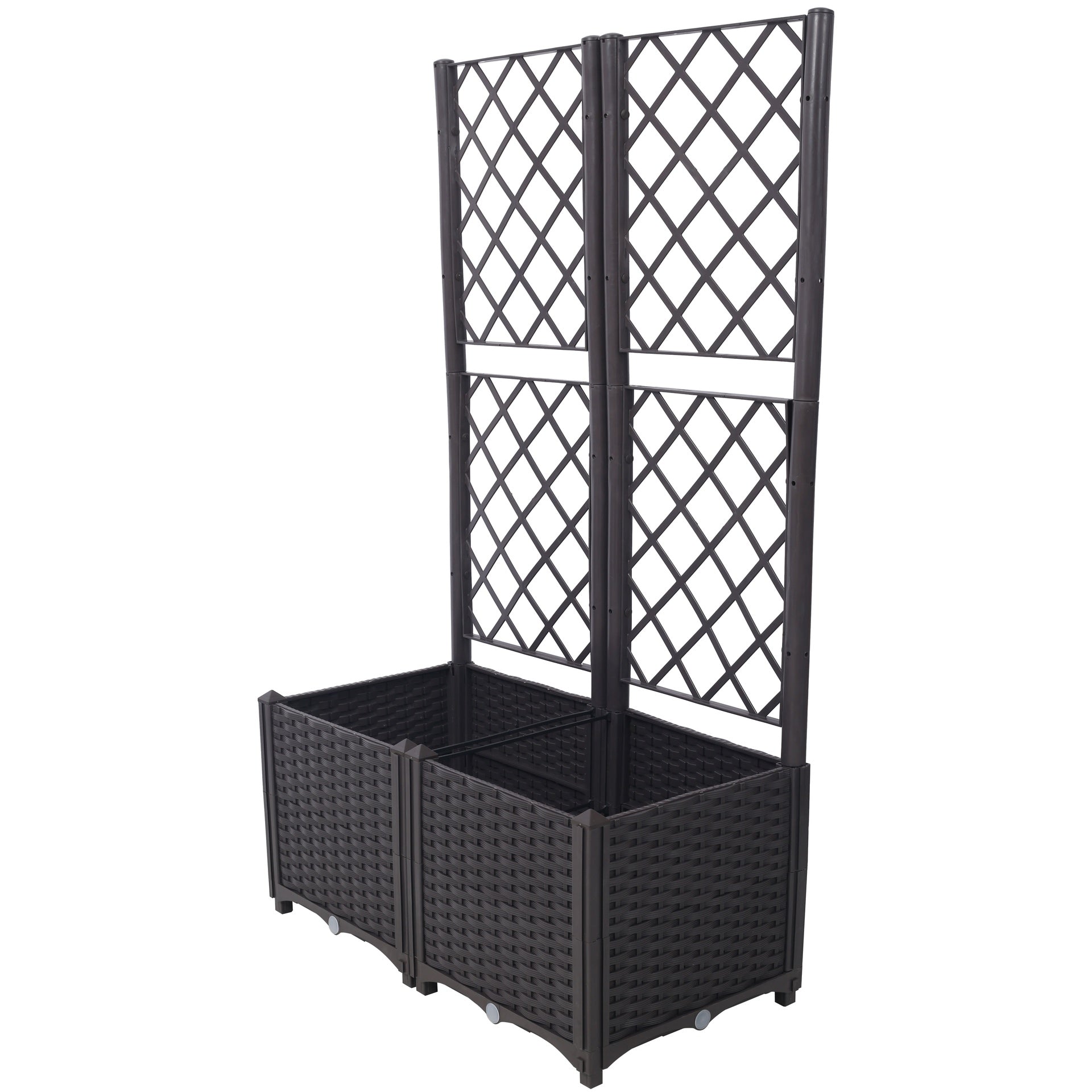 Poly Rattan Brown Trellis Raised Bed  with Drainage Plug - 2 Removable Pots with Large Flower Boxes - Built-in Support for Climbing Plants - Outdoor Patio Garden Decoration