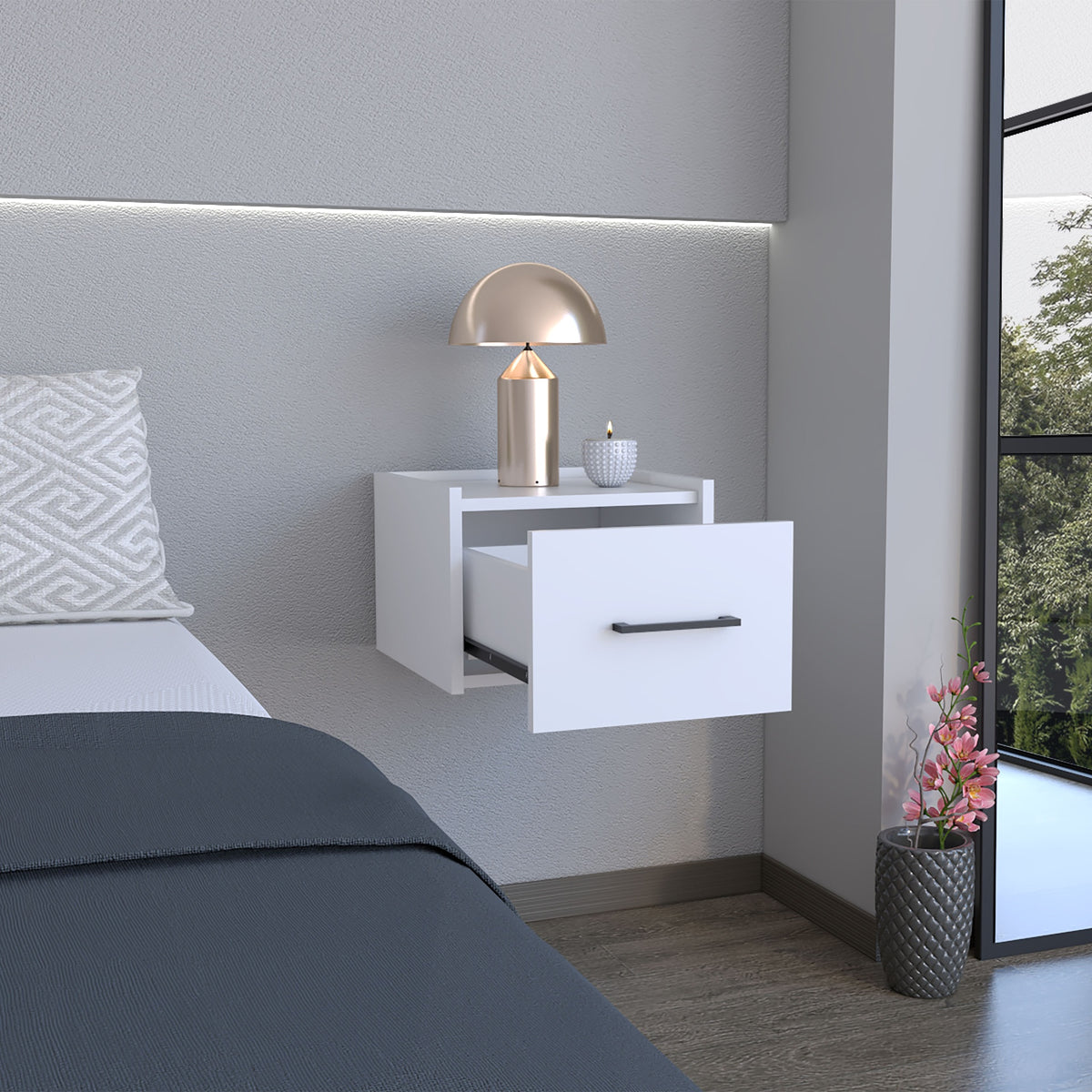Floating Nightstand, Space-Saving Design with Handy Drawer and Surface, White