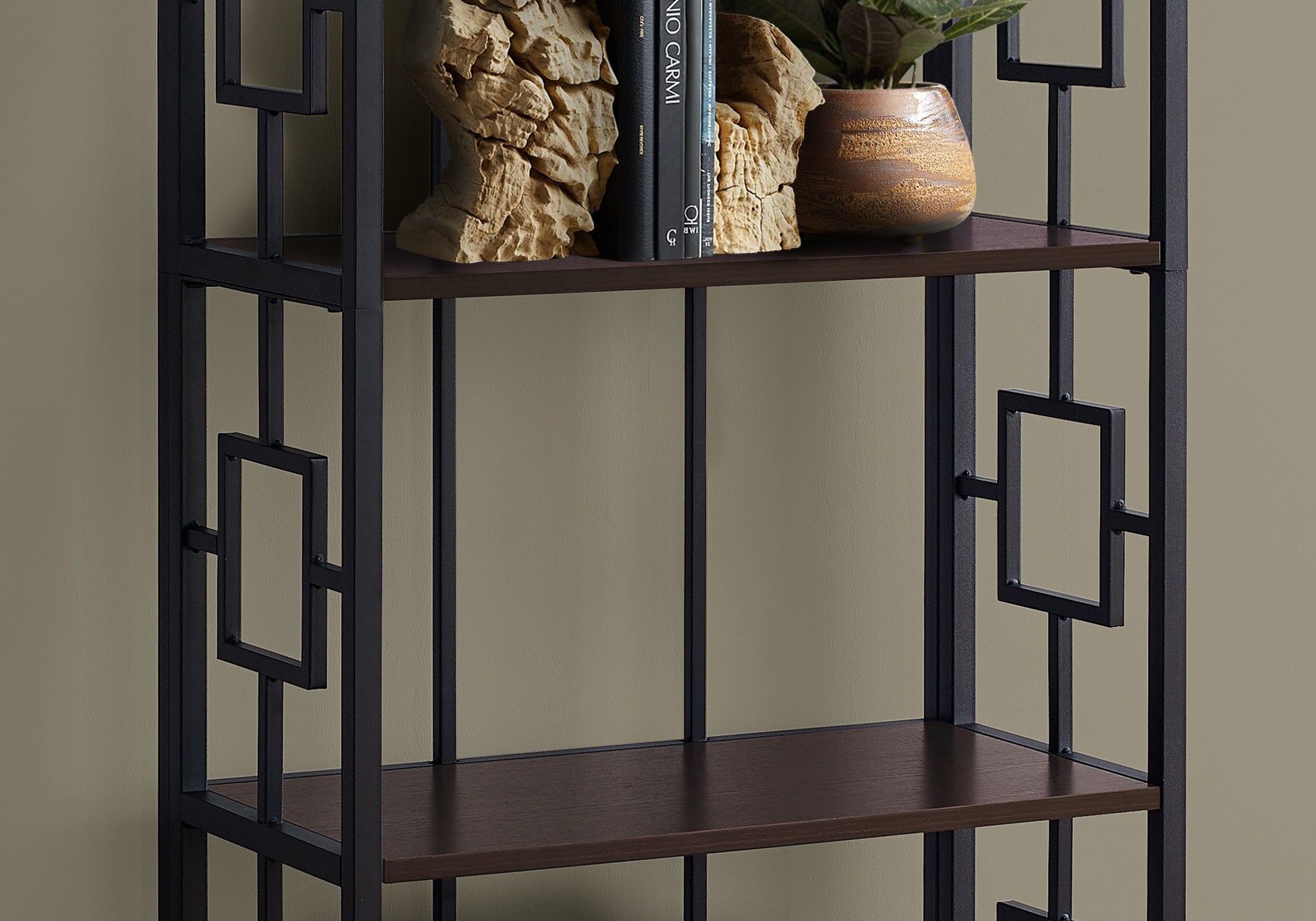 Bookshelf, Bookcase, Etagere, 4 Tier, 62"h, Office, Bedroom, Brown Laminate, Black Metal, Contemporary, Modern