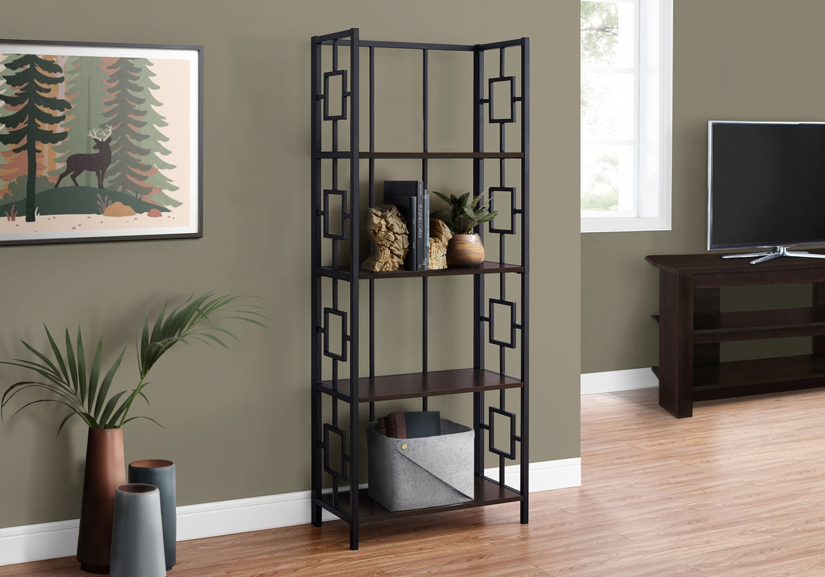 Bookshelf, Bookcase, Etagere, 4 Tier, 62"h, Office, Bedroom, Brown Laminate, Black Metal, Contemporary, Modern