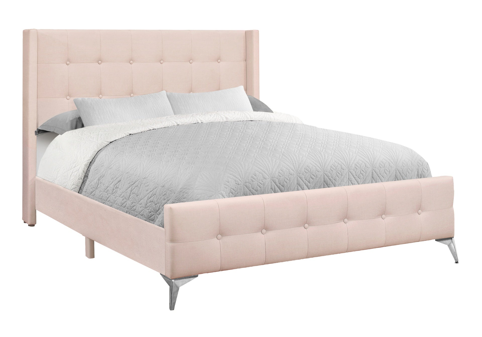 Bed, Queen Size, Bedroom, Upholstered, Pink Velvet, Chrome Metal Legs