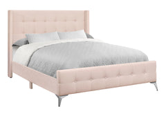 Bed, Queen Size, Bedroom, Upholstered, Pink Velvet, Chrome Metal Legs