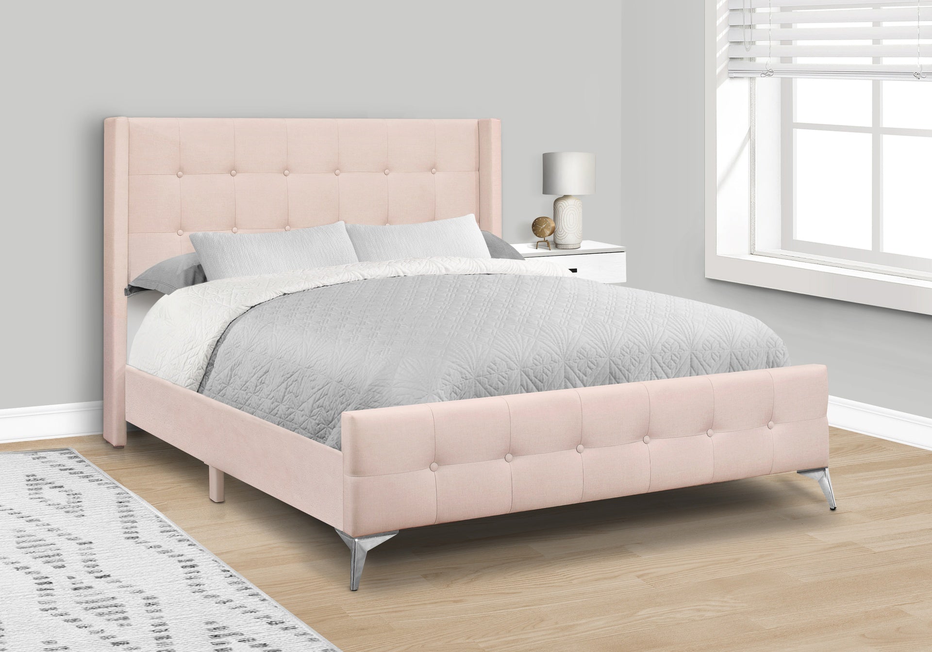 Bed, Queen Size, Bedroom, Upholstered, Pink Velvet, Chrome Metal Legs