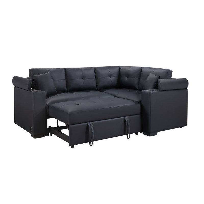 Duilio 84.5"W Black PVC Fabric Sleeper Sectional with USB Charger, Cupholders, Storage Arms