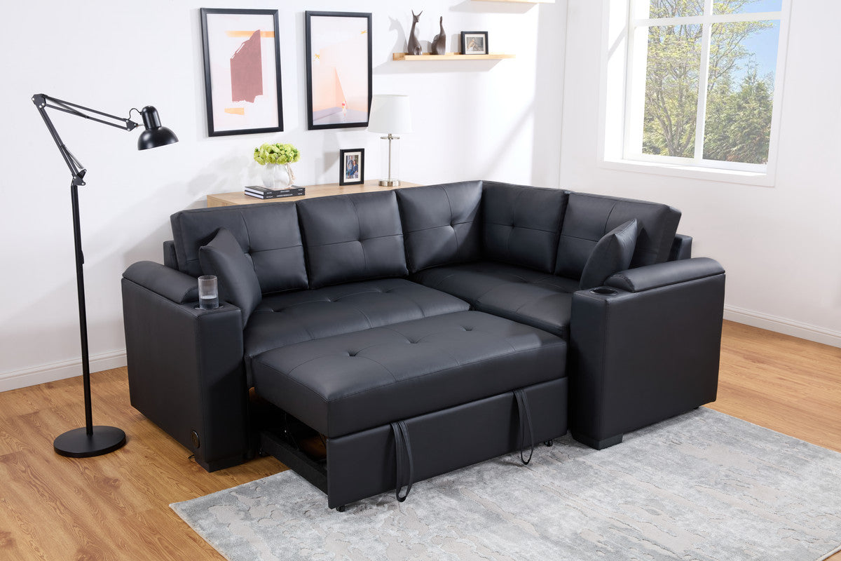 Duilio 84.5"W Black PVC Fabric Sleeper Sectional with USB Charger, Cupholders, Storage Arms