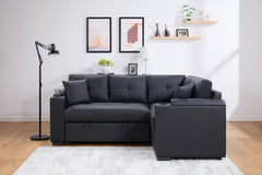 Duilio 84.5"W Black PVC Fabric Sleeper Sectional with USB Charger, Cupholders, Storage Arms