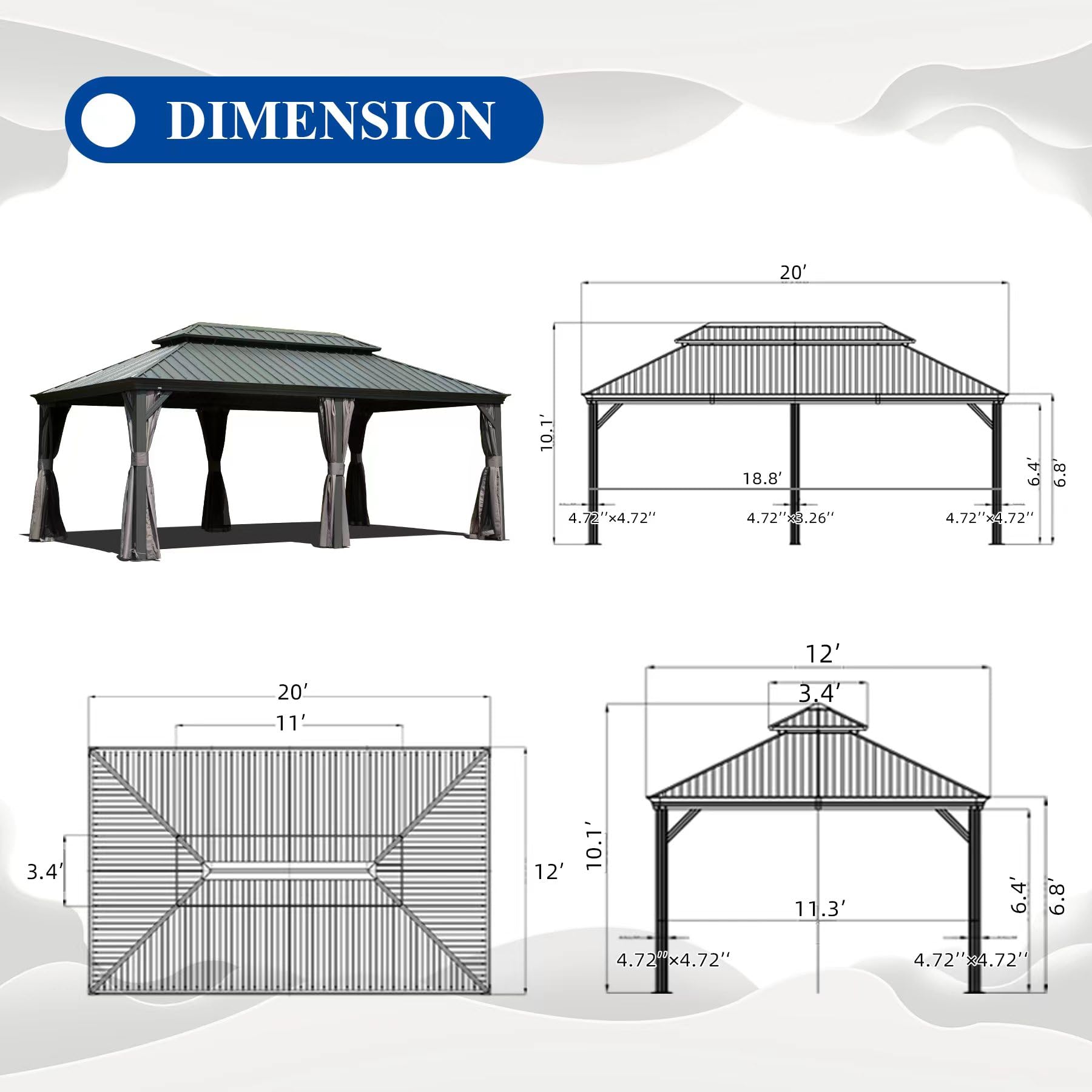 12' X 20' Hardtop Gazebo Large Outdoor Metal Gazebo with Galvanized Steel Double Roof Canopy, Aluminum Frame, Curtains and Netting for Patio, Deck, Garden, Grey