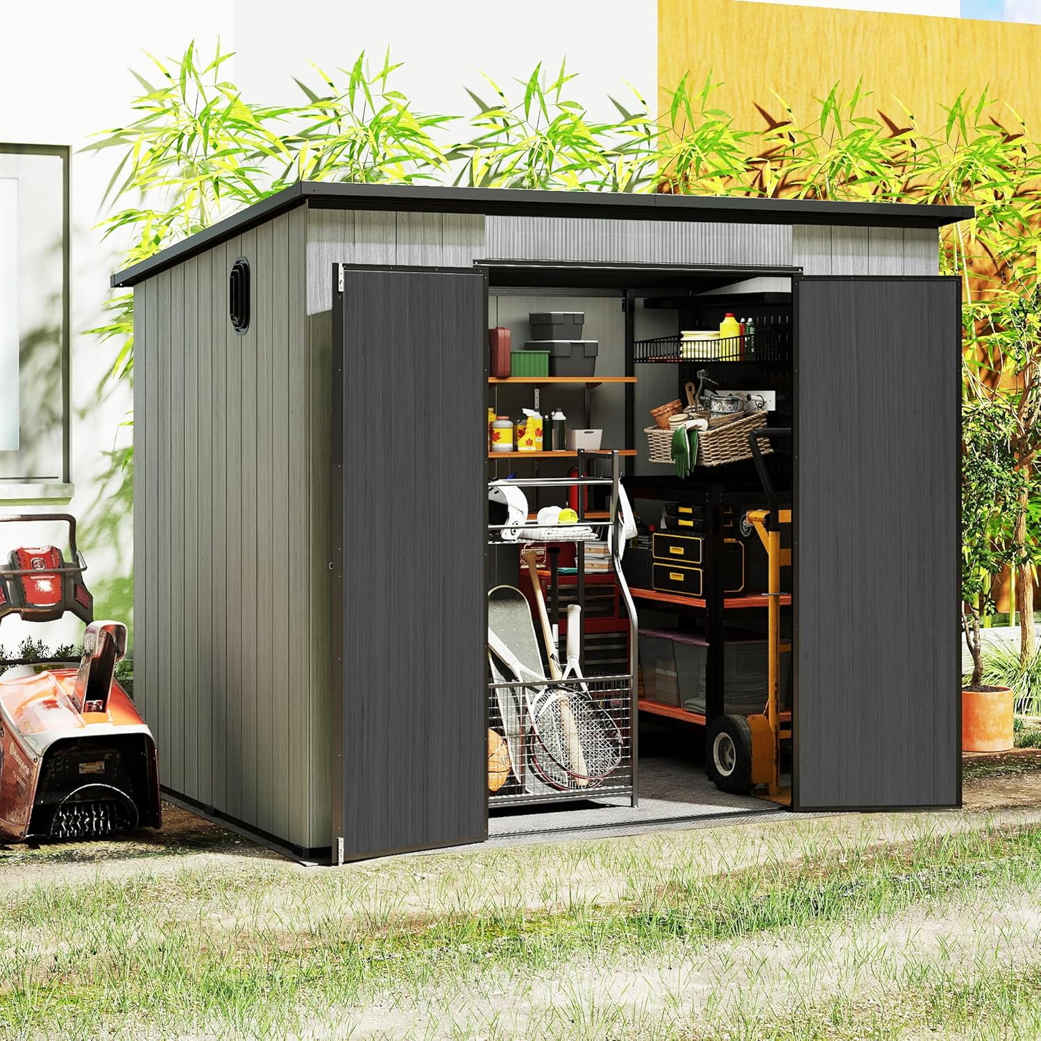 6x8FT Outdoor Resin Storage Shed with Transparent Windows & Louvered Vents, Plastic Tool Shed with Double Lockable Doors & Sloping Roof, Outside Garden Shed for Backyard, Patio, Lawn, Gray