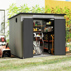 6x8FT Outdoor Resin Storage Shed with Transparent Windows & Louvered Vents, Plastic Tool Shed with Double Lockable Doors & Sloping Roof, Outside Garden Shed for Backyard, Patio, Lawn, Gray
