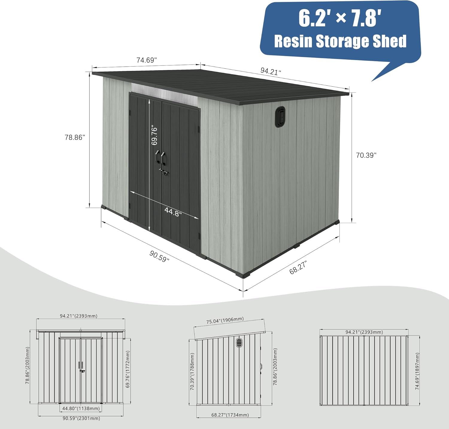 6x8FT Outdoor Resin Storage Shed with Transparent Windows & Louvered Vents, Plastic Tool Shed with Double Lockable Doors & Sloping Roof, Outside Garden Shed for Backyard, Patio, Lawn, Gray