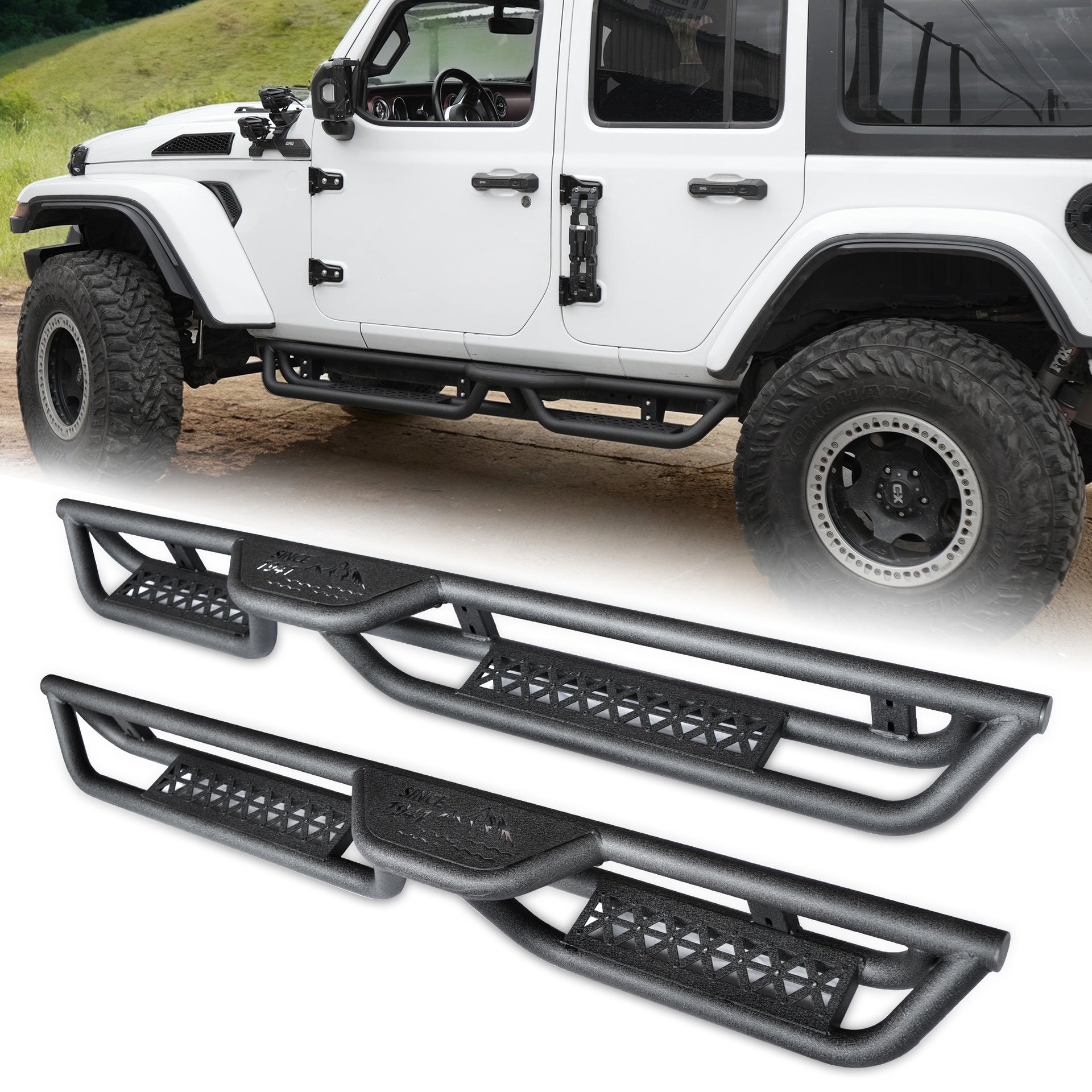 Coated Black Carbon 6-Inch 2-Stairs Side Step Rails Step Bars Steel Nerf Bars Running Boards Compatible with Jeep Wrangler JL 4 Doors 2018-2025 For  Off-Road Protection Direct Bolt-On Installation