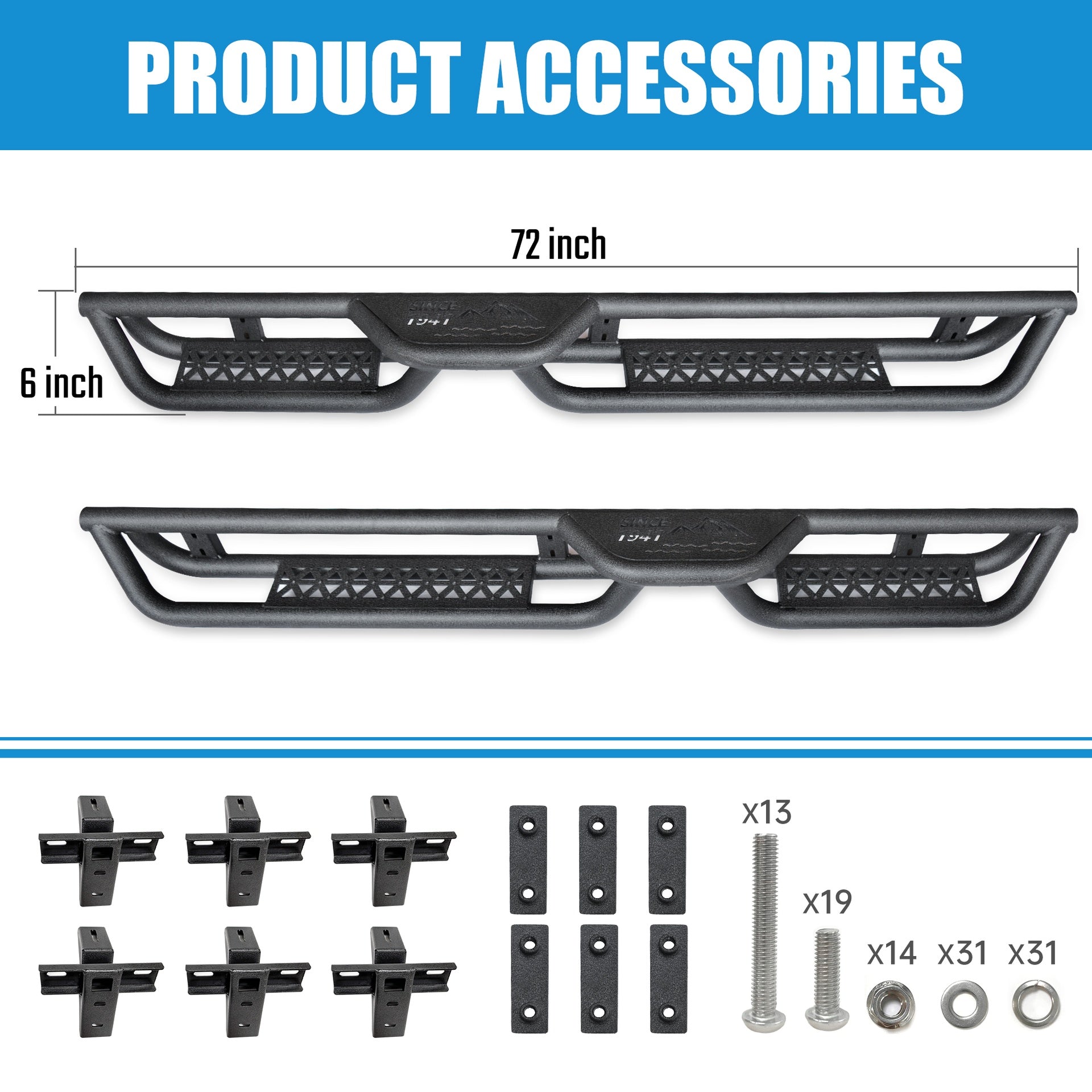 Coated Black Carbon 6-Inch 2-Stairs Side Step Rails Step Bars Steel Nerf Bars Running Boards Compatible with Jeep Wrangler JL 4 Doors 2018-2025 For  Off-Road Protection Direct Bolt-On Installation