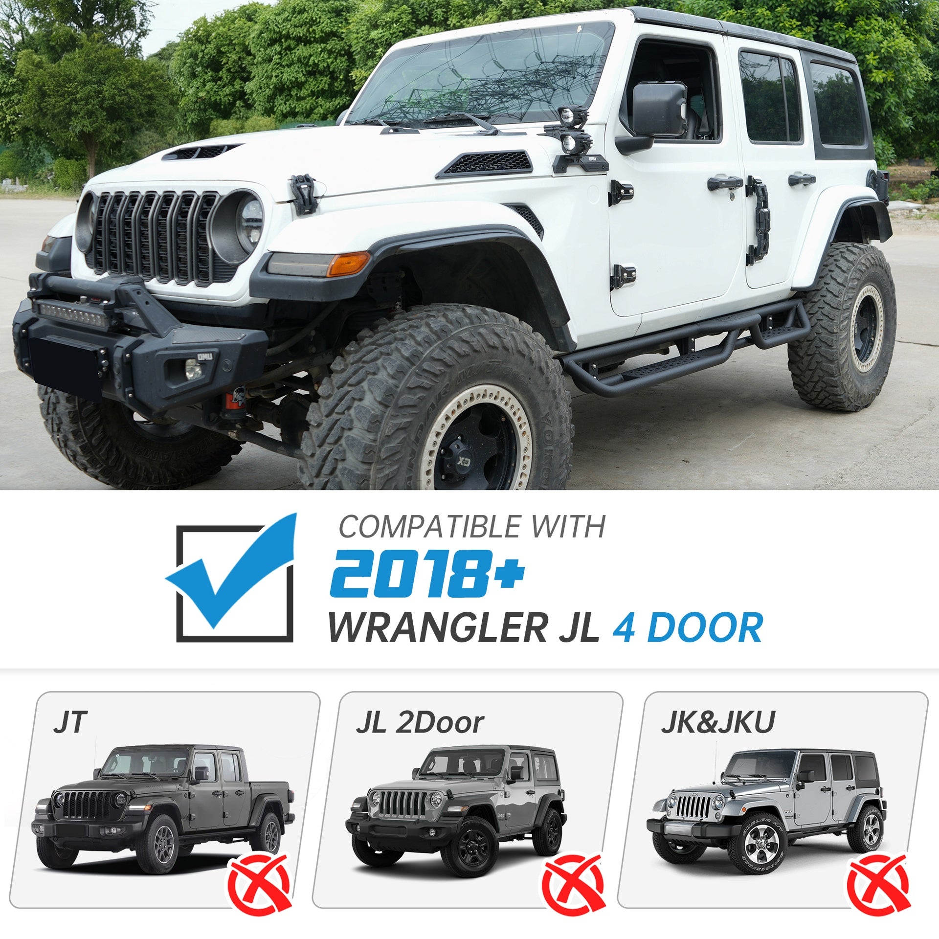 Coated Black Carbon 6-Inch 2-Stairs Side Step Rails Step Bars Steel Nerf Bars Running Boards Compatible with Jeep Wrangler JL 4 Doors 2018-2025 For  Off-Road Protection Direct Bolt-On Installation