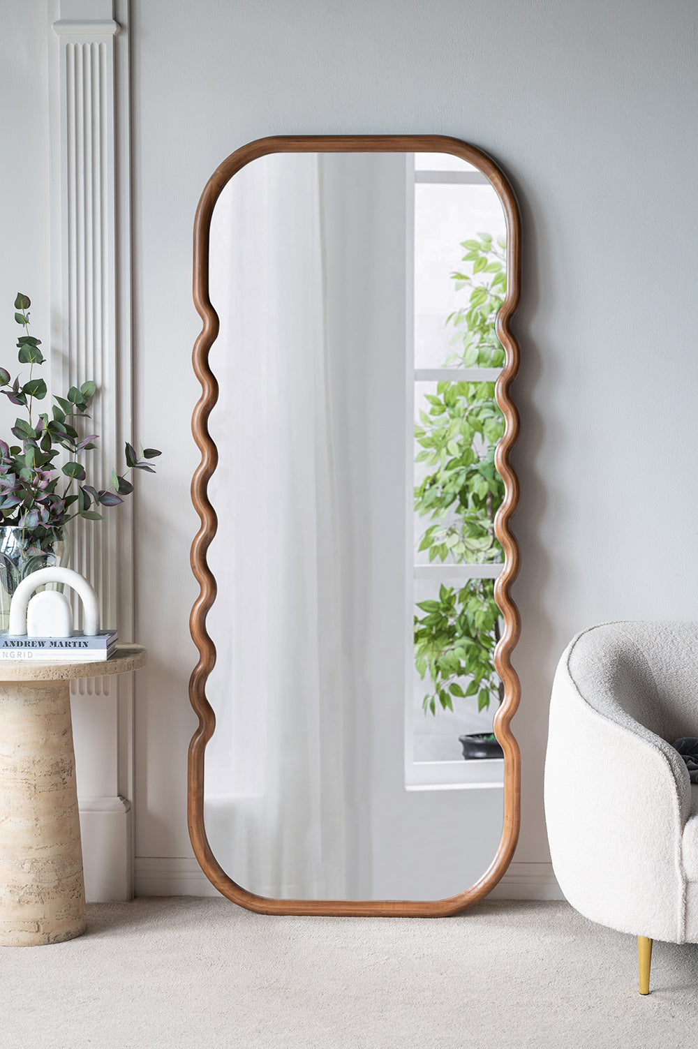 31.4x1.4x74" Oversized Wooden Floor Mirror with Unique Brown Frame