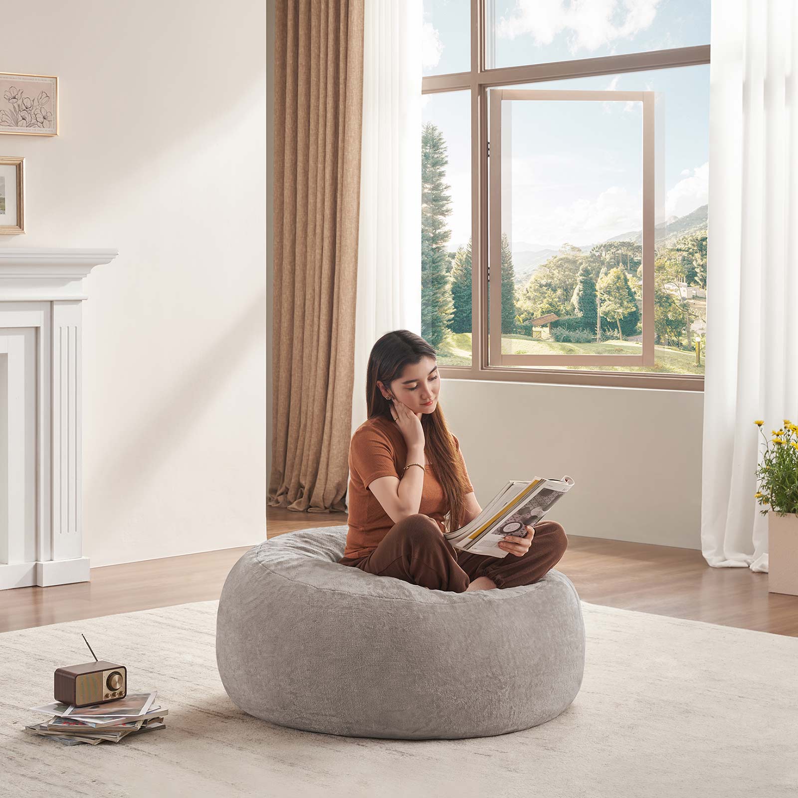 4FT bean bag chair, memory foam filling, adult and teen bean bag chair, soft sofa with removable flannel cover, round sofa for living room, bedroom, college dorm.
