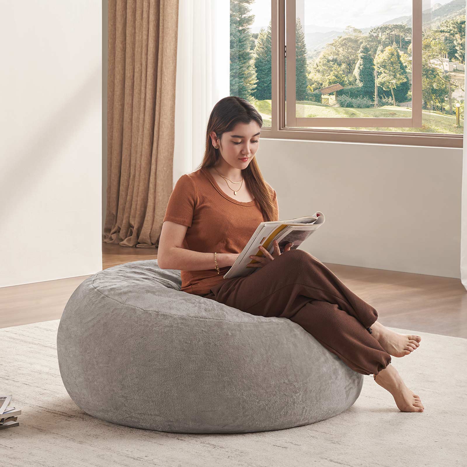 4FT bean bag chair, memory foam filling, adult and teen bean bag chair, soft sofa with removable flannel cover, round sofa for living room, bedroom, college dorm.