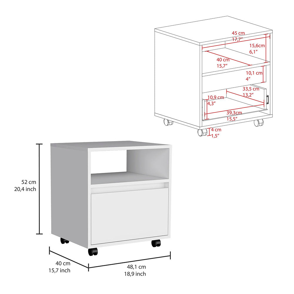 Austin Nightstand , End Table, Side Table Casters, Single Drawer-White