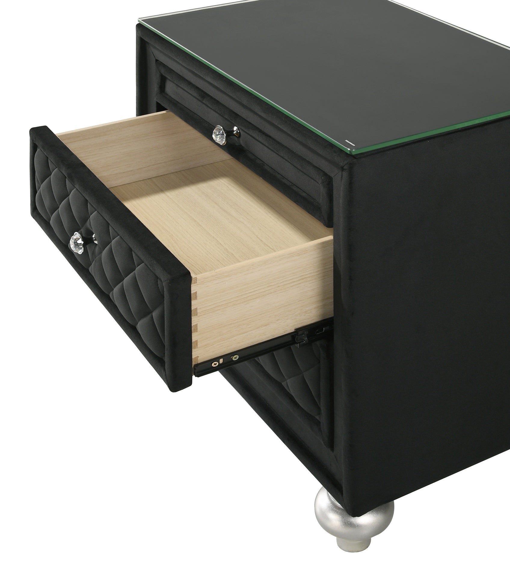 1pc Traditional Glam 3-Drawer Nightstand Velvet Tufted Drawer Front Jewelry Tray Faux Crystal Drawer Knobs Black