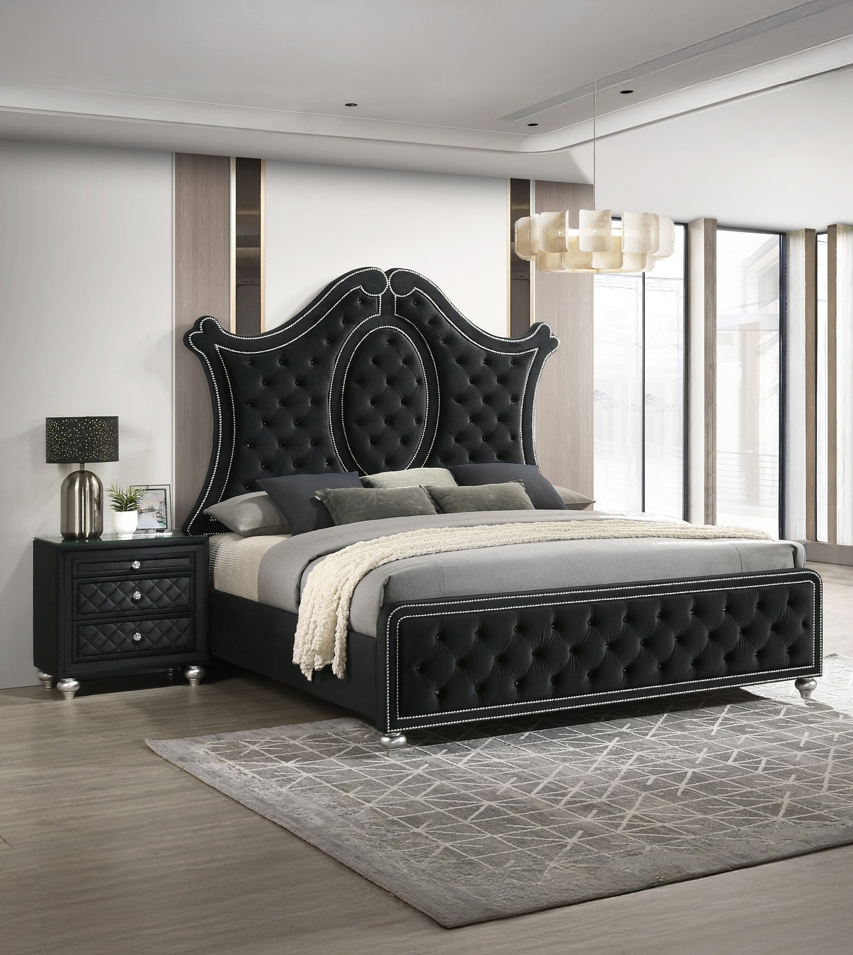1pc Traditional Glam 3-Drawer Nightstand Velvet Tufted Drawer Front Jewelry Tray Faux Crystal Drawer Knobs Black