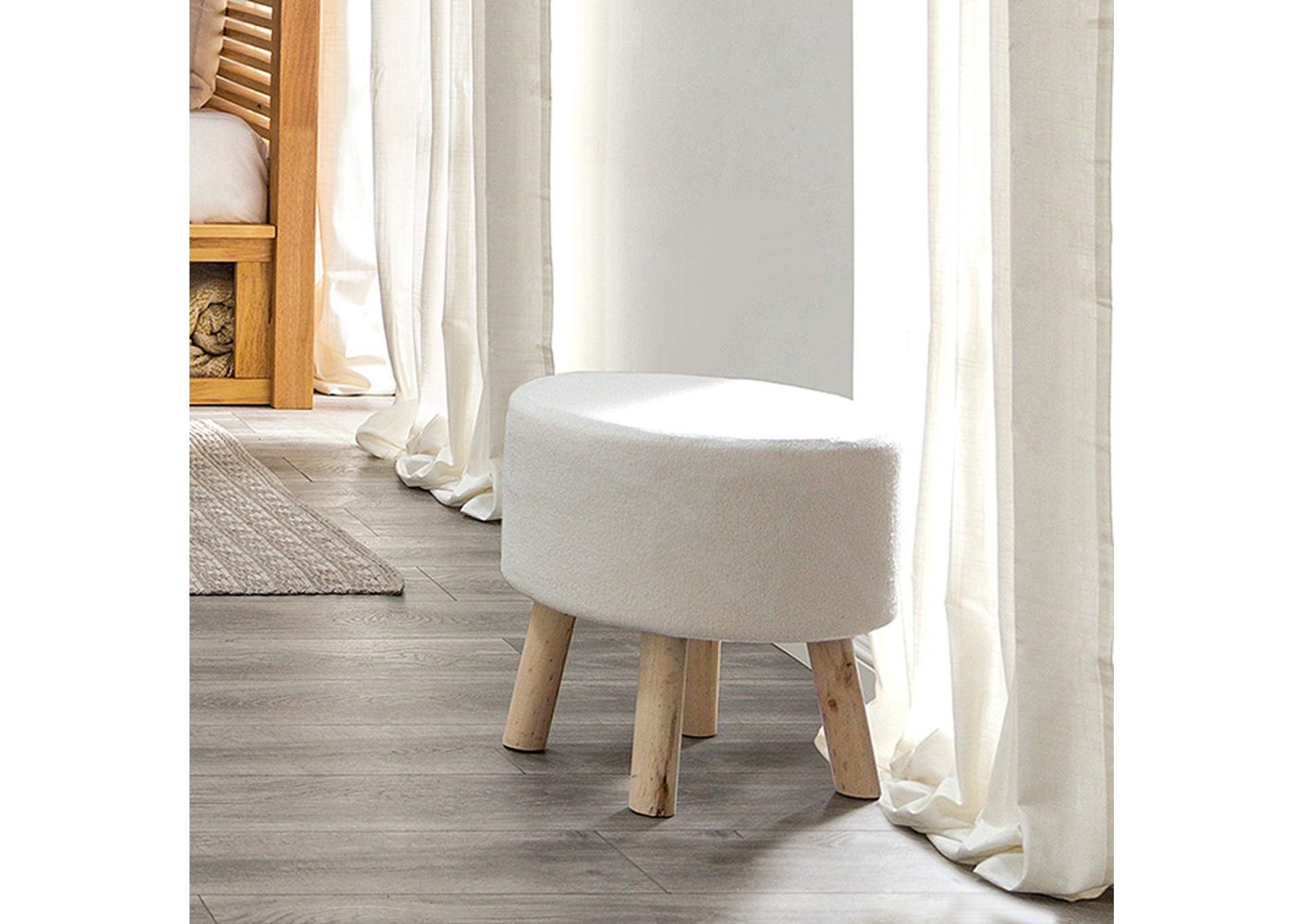 Contemporary Footstool Set Of 2pc, White / Natural Upholstery And Angled Wooden Legs