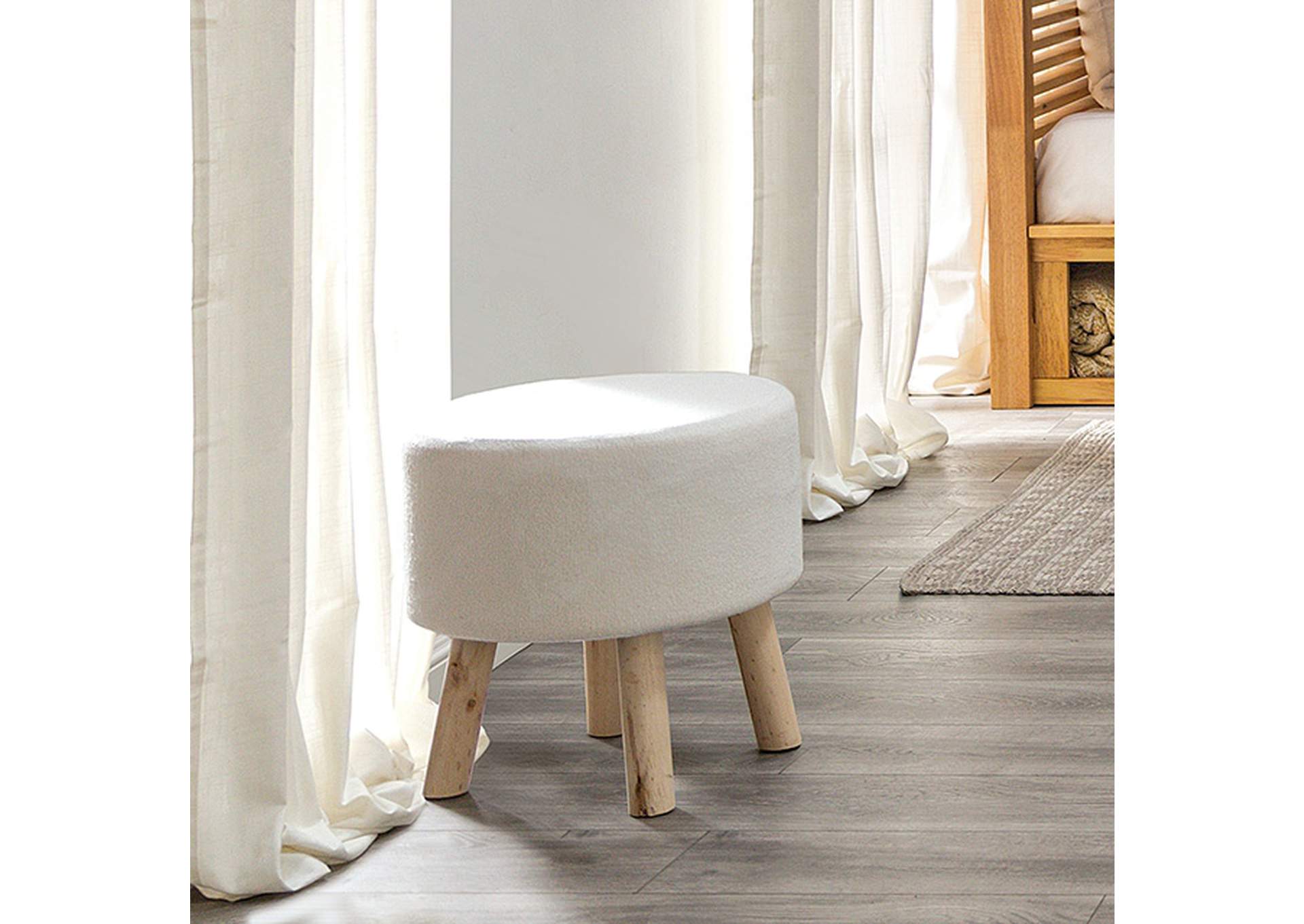 Contemporary Footstool Set Of 2pc, White / Natural Upholstery And Angled Wooden Legs