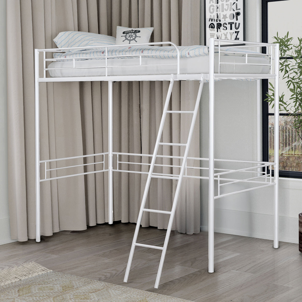 Twin Loft Bed Contemporary Style With Open Area Underneath Metal Structure, White