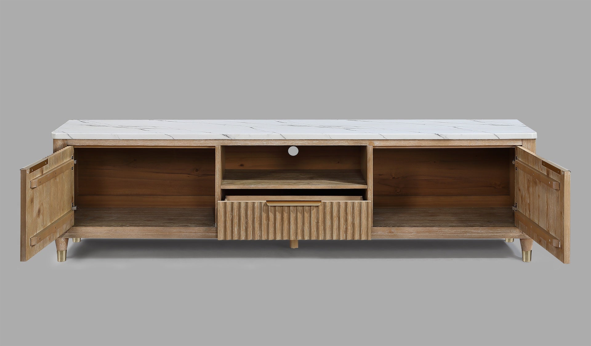 1pc Modern Luxury and Sleek Fluted Wood Facade Pristine White Faux Marble Top Brass-tone Accents Tapered Legs Tv Stand Media Console Natural Wood Finish