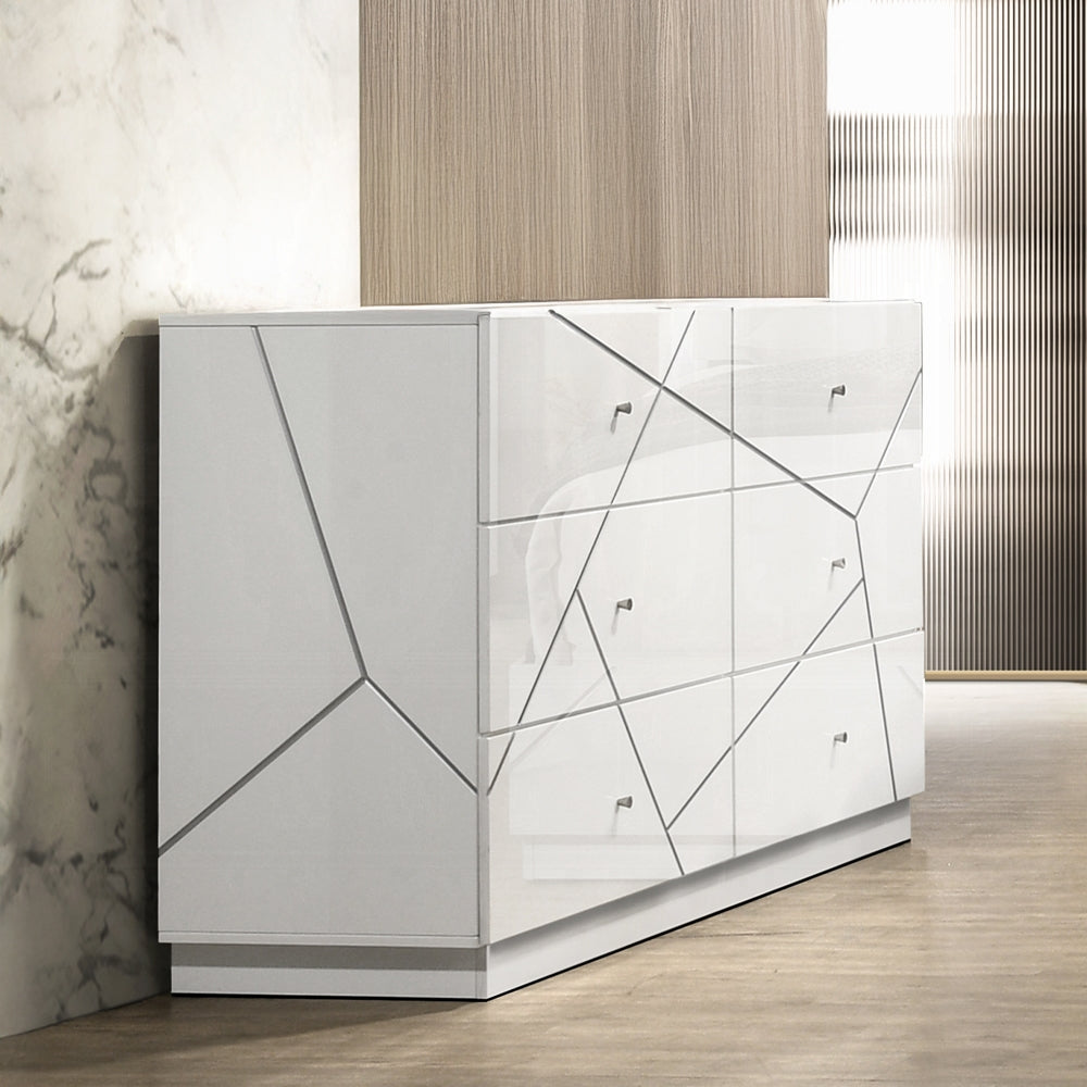 Ultra Modern White Finish Stylish Dresser with 6x Drawers Embossed Lines Design Contemporary Bedroom Furniture 1pc Metal Knobs