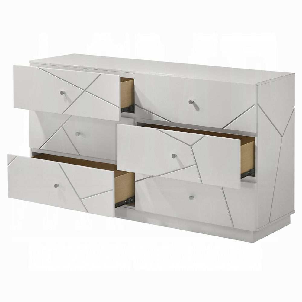 Ultra Modern White Finish Stylish Dresser with 6x Drawers Embossed Lines Design Contemporary Bedroom Furniture 1pc Metal Knobs