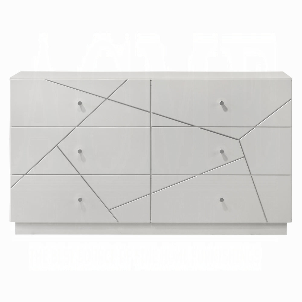Ultra Modern White Finish Stylish Dresser with 6x Drawers Embossed Lines Design Contemporary Bedroom Furniture 1pc Metal Knobs