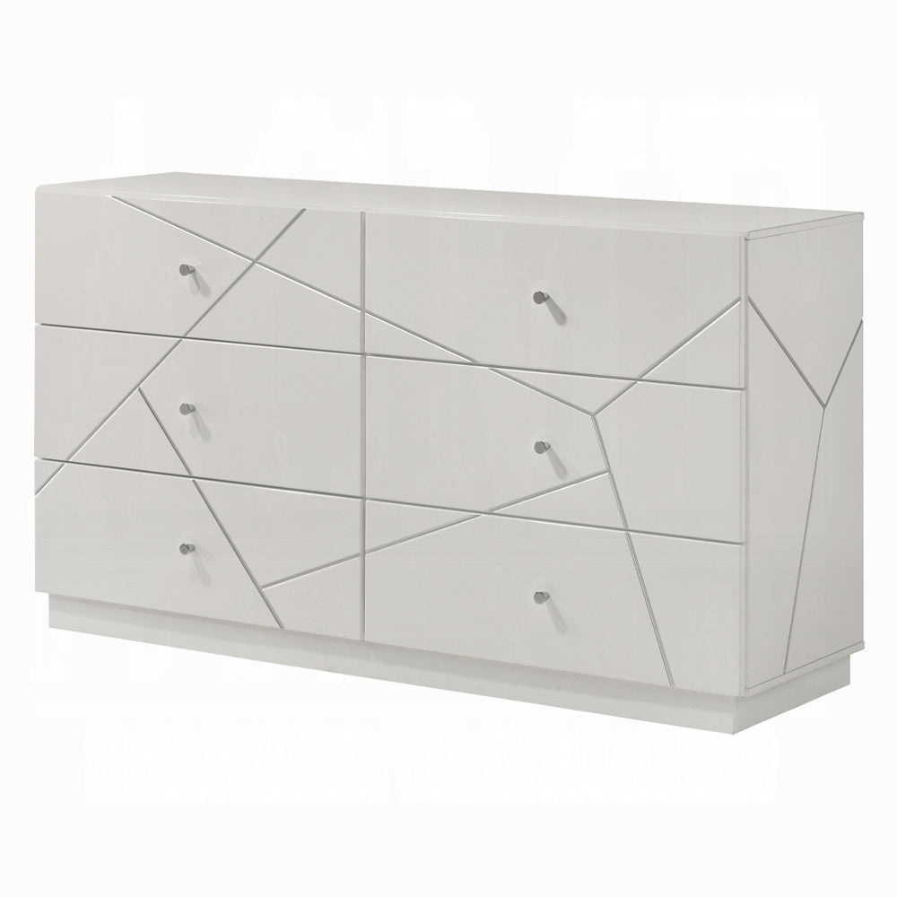 Ultra Modern White Finish Stylish Dresser with 6x Drawers Embossed Lines Design Contemporary Bedroom Furniture 1pc Metal Knobs