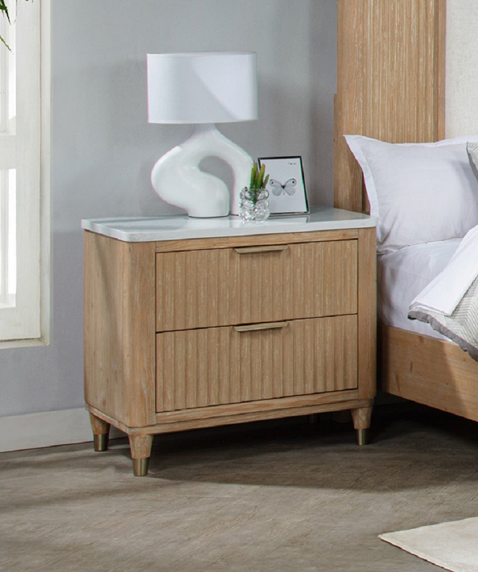 Modern Aesthetic Natural Wood Finish Ample Storage Space 1pc Nightstand Engineered Stone Top Fully Extension Glide Brass-accented Hardware