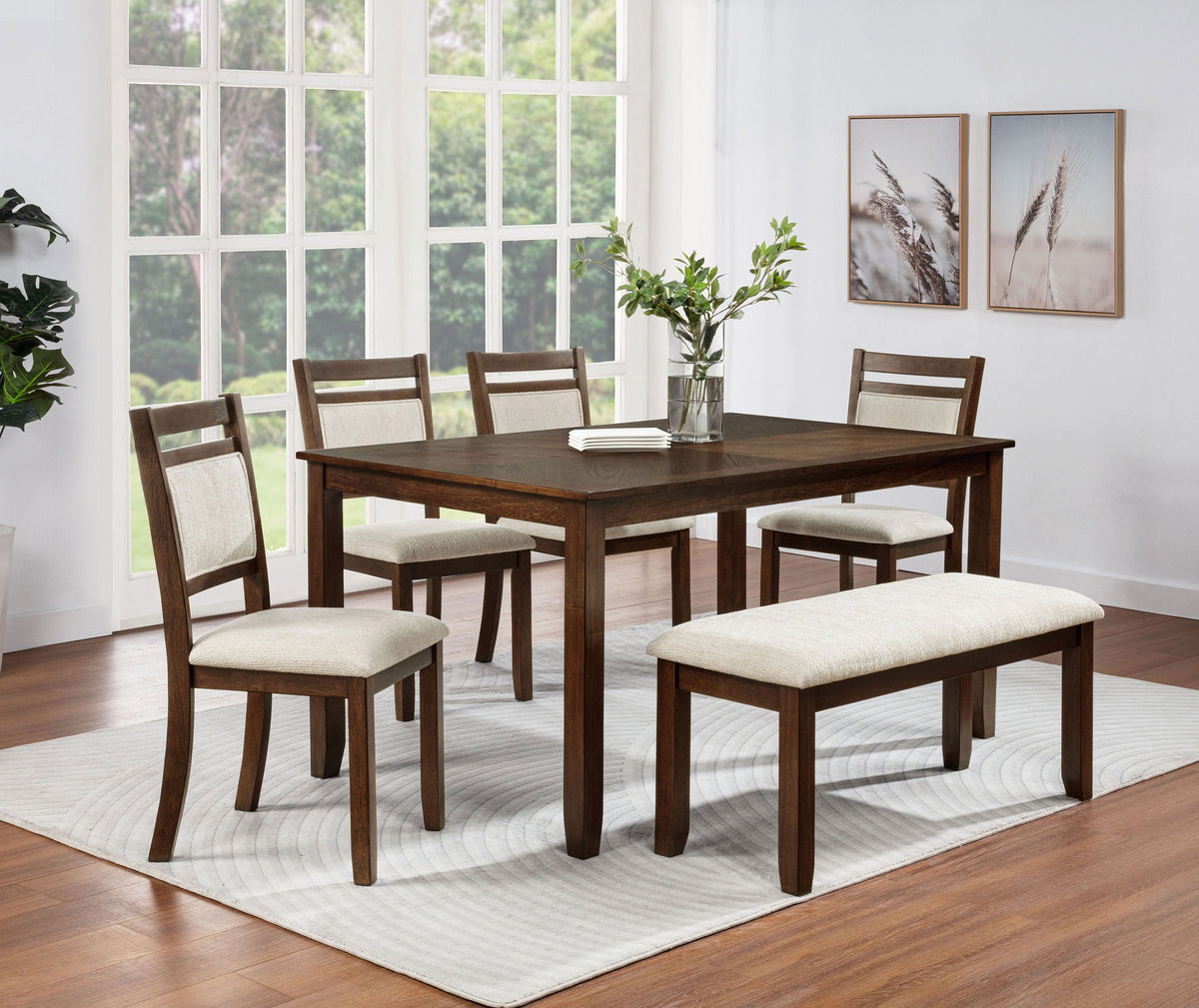 6pc Traditional Wooden Dining Set Rectangular Wooden Table Curve Back Upholstered Chairs Bench Dining Room Furniture Brown
