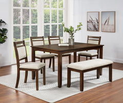6pc Traditional Wooden Dining Set Rectangular Wooden Table Curve Back Upholstered Chairs Bench Dining Room Furniture Brown