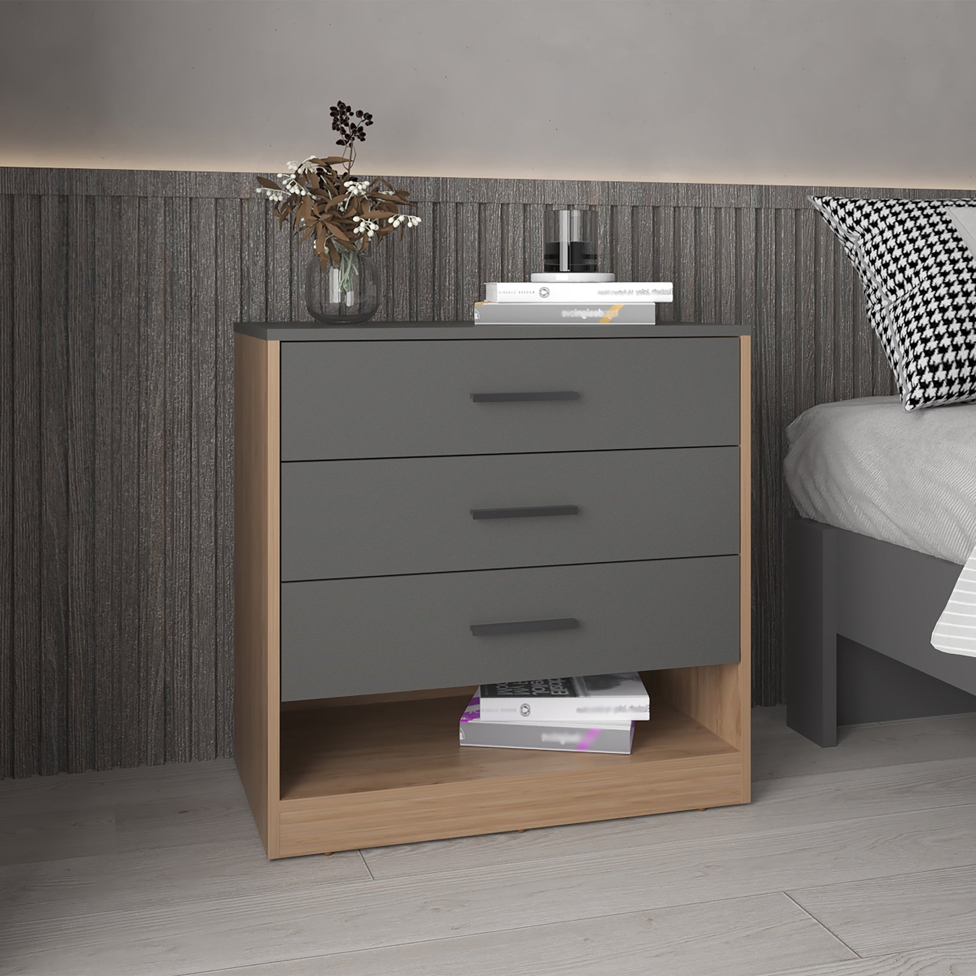 Alder 27" High Three Drawer Dresser And Open Shelf, Bedroom, Entryway, Side Board, Matte Gray - Natural Oak