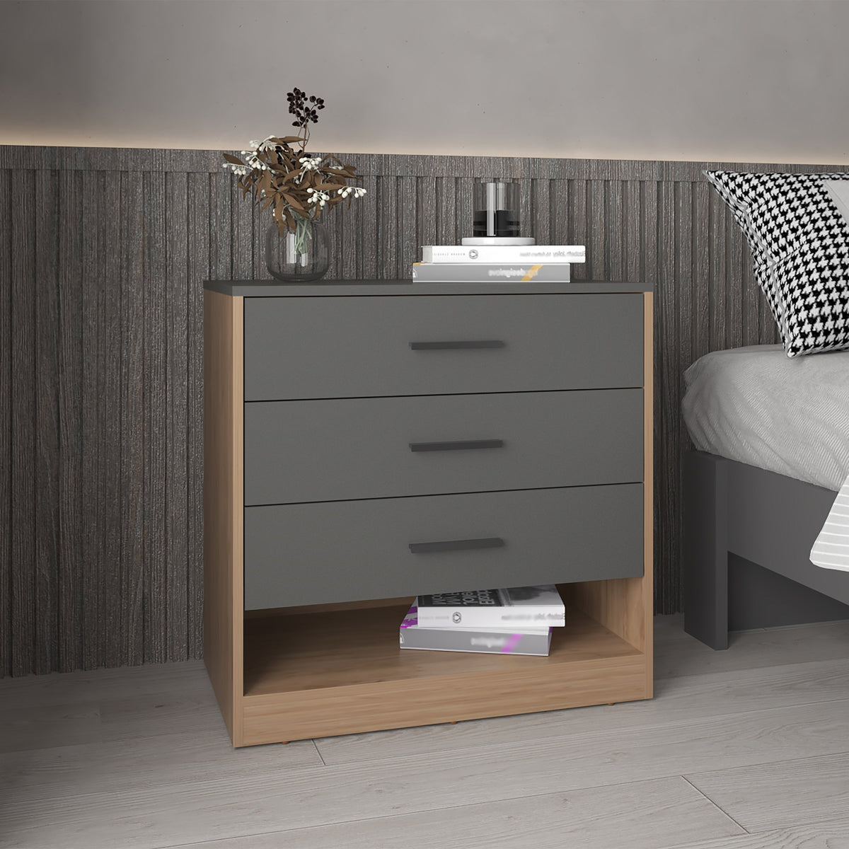 Alder 27" High Three Drawer Dresser And Open Shelf, Bedroom, Entryway, Side Board, Matte Gray - Natural Oak