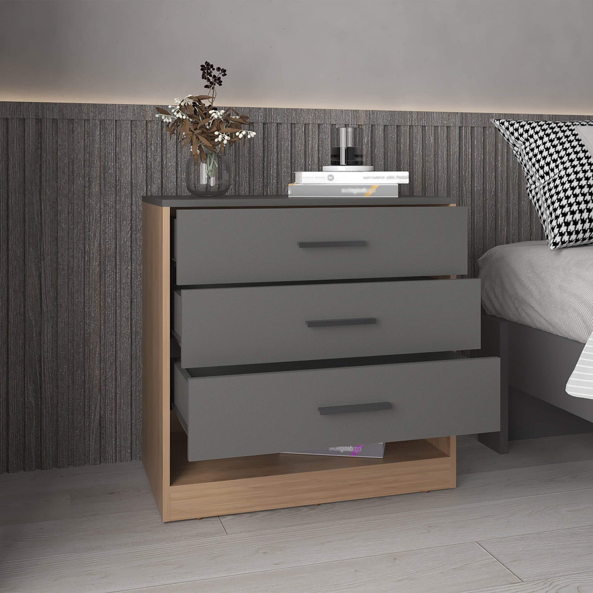 Alder 27" High Three Drawer Dresser And Open Shelf, Bedroom, Entryway, Side Board, Matte Gray - Natural Oak