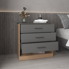 Alder 27" High Three Drawer Dresser And Open Shelf, Bedroom, Entryway, Side Board, Matte Gray - Natural Oak