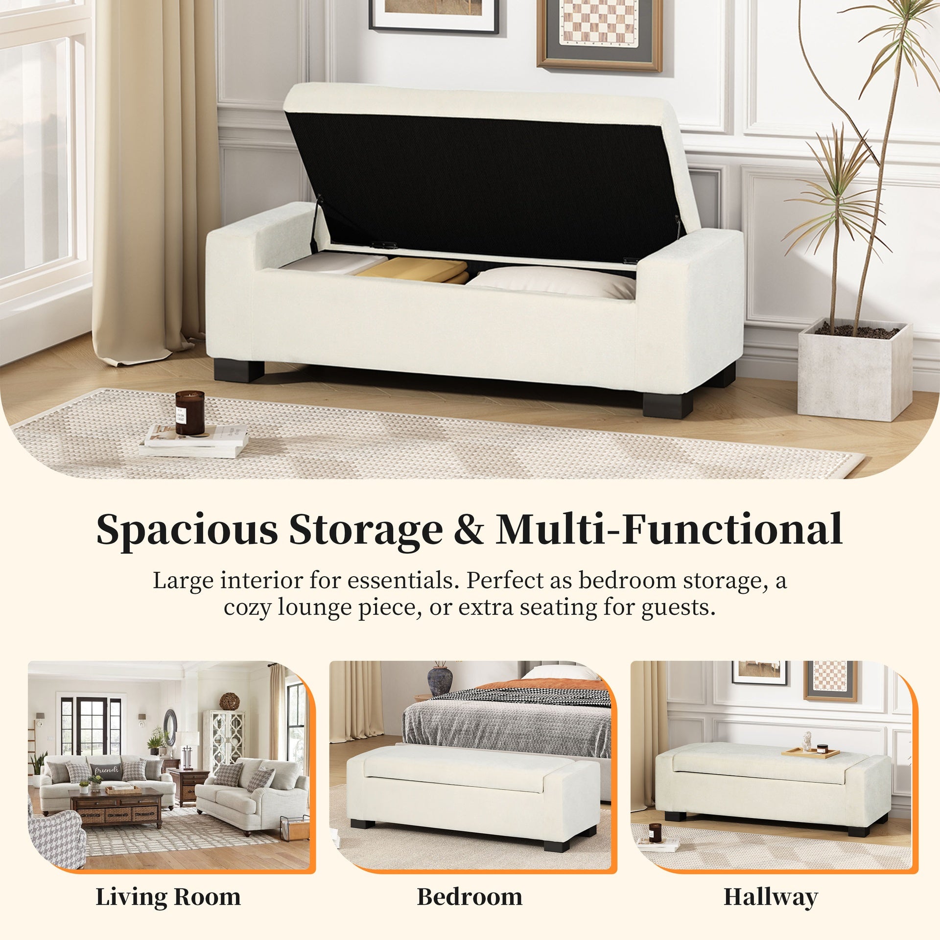50" Ottoman Bench in Textured Fabric, Rectangular Design with Hinged Lid for Seating, Footrest, and Hidden Storage, Perfect for Living Room, Bedroom, or Entryway
