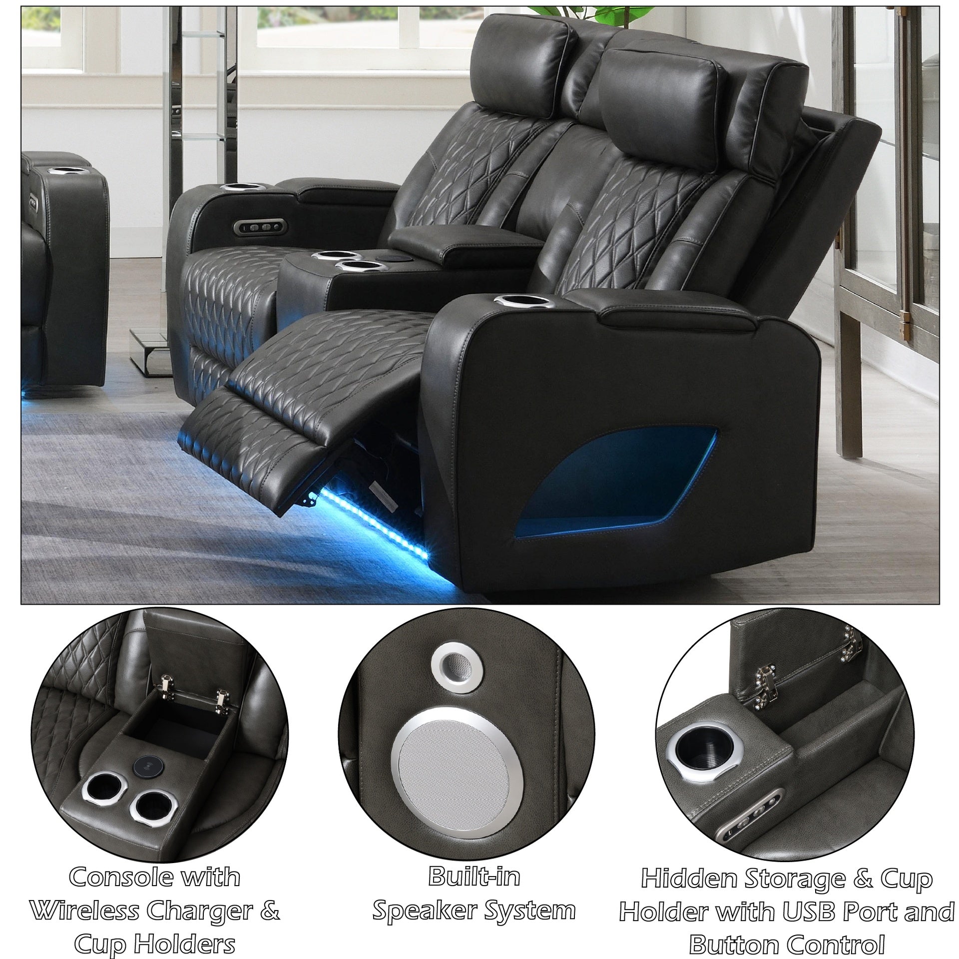 Taddeo Dark Gray Synthetic Leather Power Motion Loveseat w/Console, Speaker, USB, Wireless Charger & LED