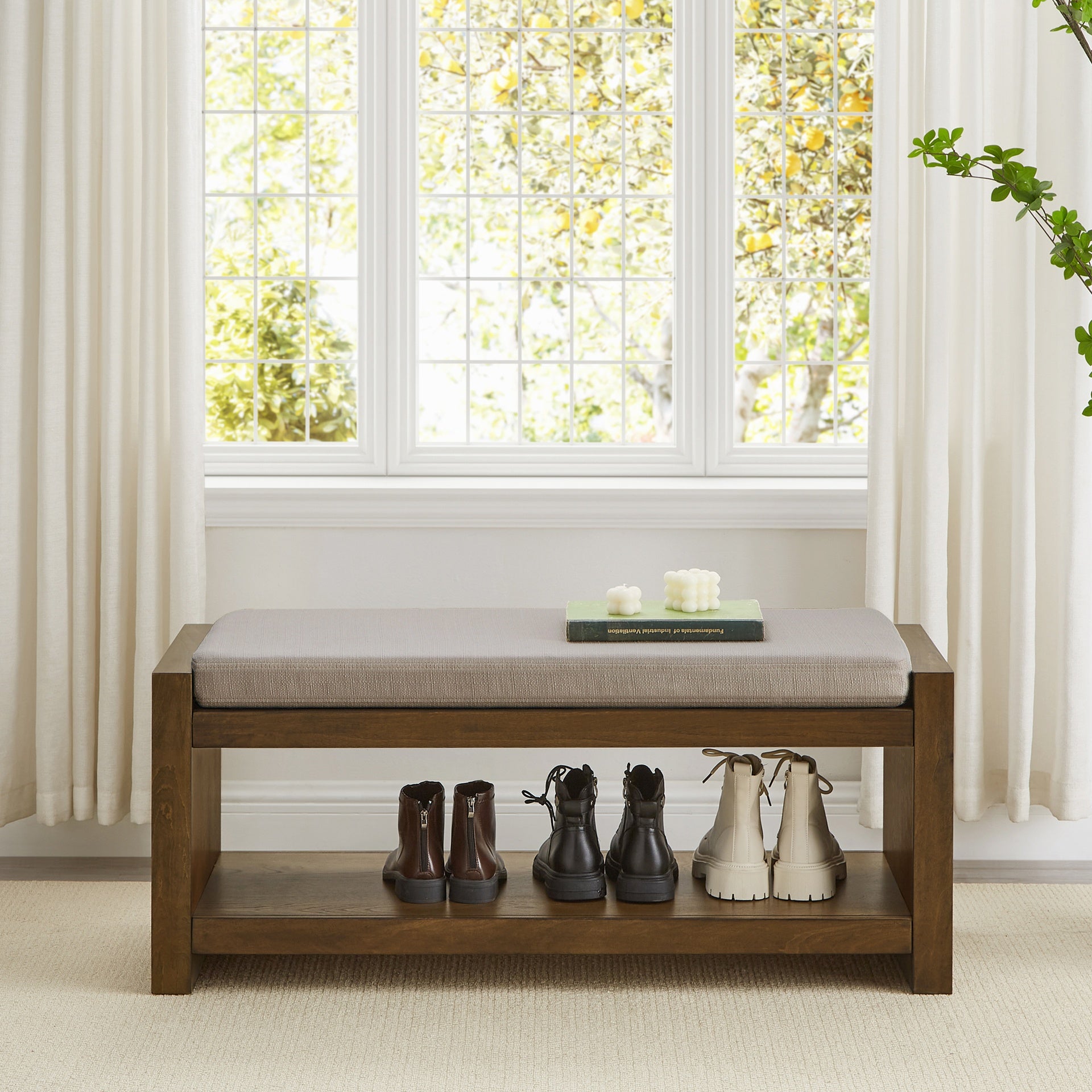 40" Accent Bench with Lower Shelf Shoe Rack, Padded Seating Bench for Living Room, Modern Compact Bed End Bench with Storage for Bedroom Seating, Removable Cushion,  40"W- Linen