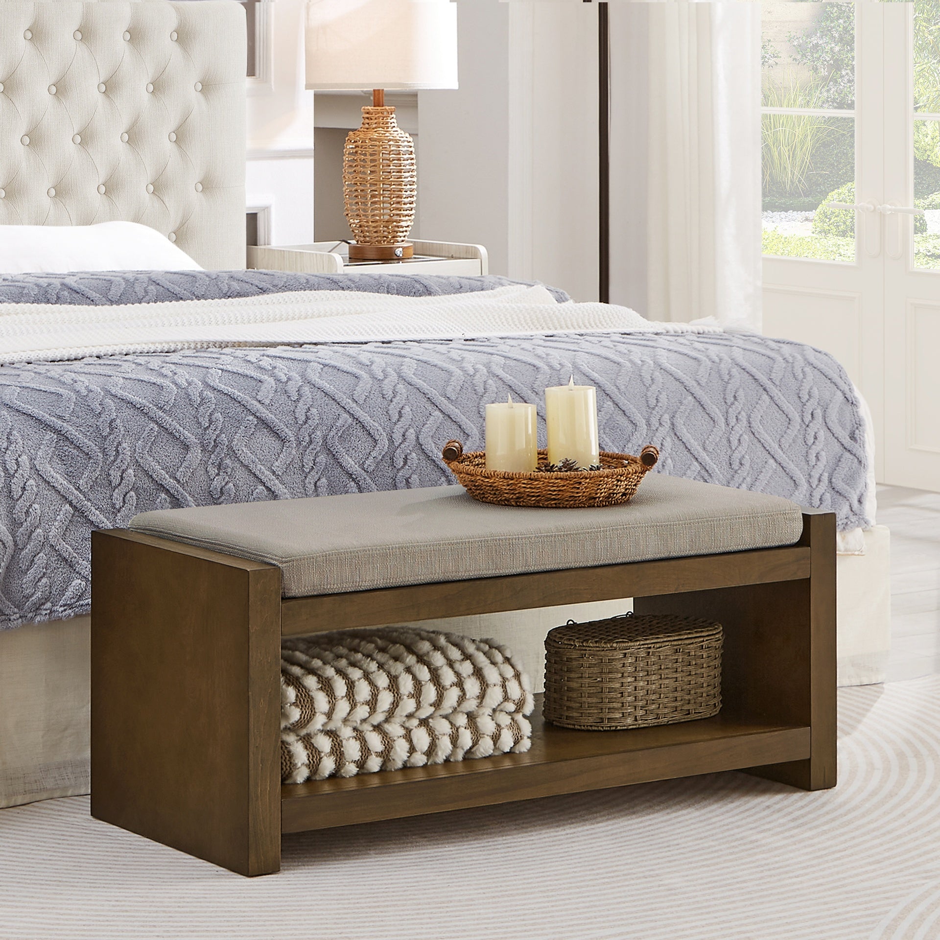 40" Accent Bench with Lower Shelf Shoe Rack, Padded Seating Bench for Living Room, Modern Compact Bed End Bench with Storage for Bedroom Seating, Removable Cushion,  40"W- Linen