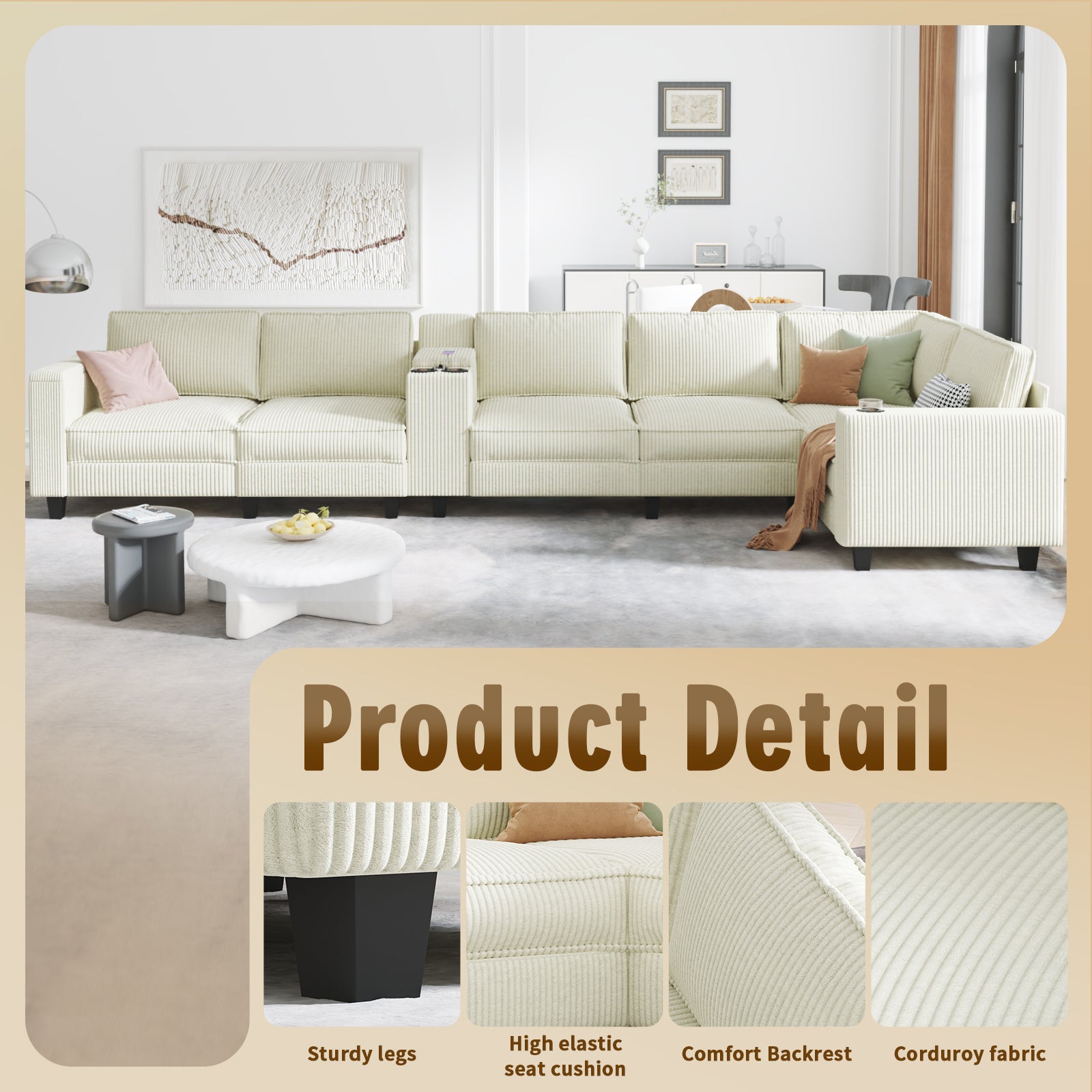L-shaped 6-seater 133.4''*94.4'' corduroy sofa, large storage armrests with center console, USB charging, left and right seats can be switched, 3 packages of 130